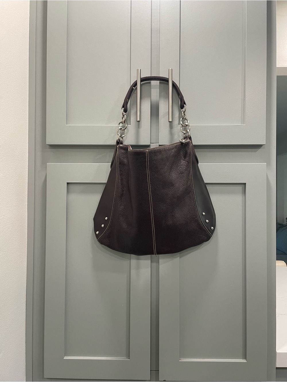 Structured Leather Shoulder Bag in Dark Brown